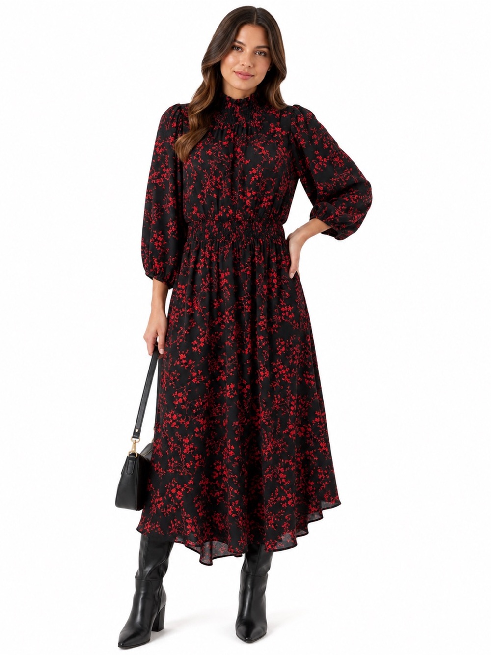 Nanette Lepore Black & Red Floral Smocked Midi Dress – Size 6
